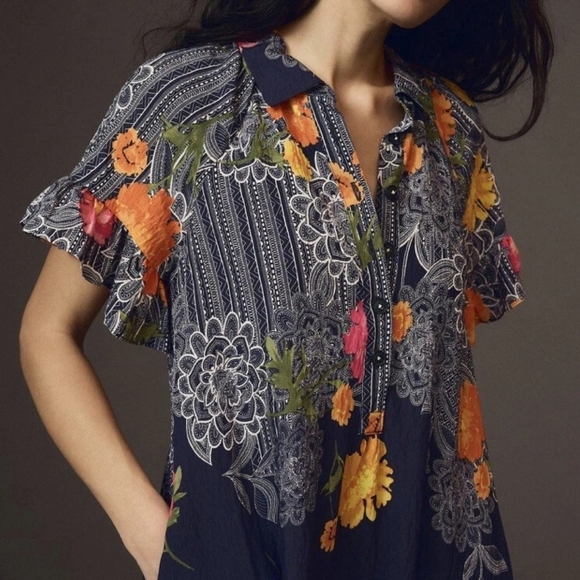 Anthropologie Maeve Ruffle-Sleeve Floral Midi Dress Navy Size Small NWOT - Picture 2 of 4